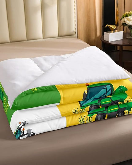 Boys Cartoon Truck Car Down Comforter Twin Size Kids Construction Vehicles Tractor Comforter Set for Kids Children Farm Excavator Bedding Set Construction Site Cars Duvet Set, Green Yellow - LeafyLoom