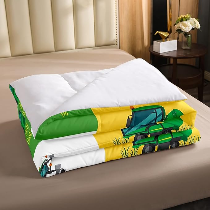 Boys Cartoon Truck Car Down Comforter Twin Size Kids Construction Vehicles Tractor Comforter Set for Kids Children Farm Excavator Bedding Set Construction Site Cars Duvet Set, Green Yellow - LeafyLoom