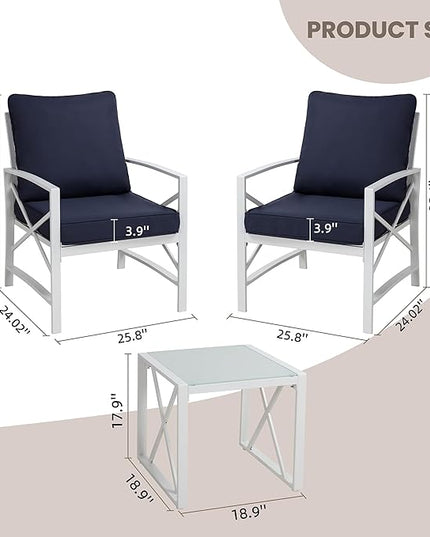 Shintenchi 3 Piece White Metal Outdoor Furniture Sectional Set, Modern Outdoor Metal Chair Conversation Furniture Set with Coffee Table for Patio,Backyard,Balcony (Dark Blue) - LeafyLoom