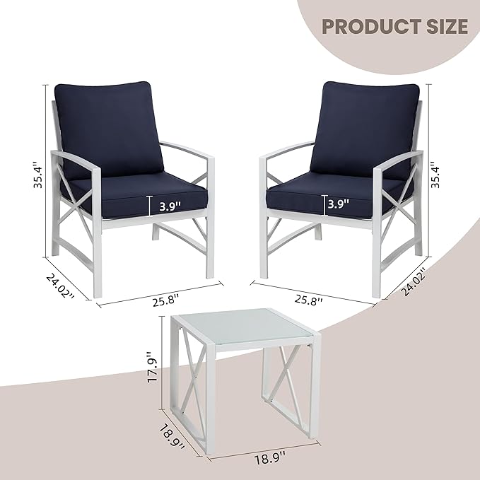 Shintenchi 3 Piece White Metal Outdoor Furniture Sectional Set, Modern Outdoor Metal Chair Conversation Furniture Set with Coffee Table for Patio,Backyard,Balcony (Dark Blue) - LeafyLoom