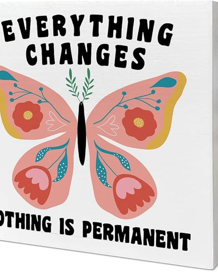 Home Office Desk Wooden Box Sign Decor, Everything Changes Nothing Is Permanent, Inspirational Quotes Desk Decor Motivational Desk Decorations for Women Girls Teens Student Office Classroom School - LeafyLoom