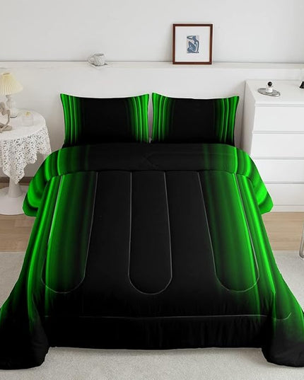 Feelyou Geometric Abstract Ombre Bedding Bed Set Men Adults Teens Green and Black Striped Comforter Set Kids Boys Girls Simple Modern Comforter Inner Fill Bedroom Collection 3Pcs Queen Size - LeafyLoom