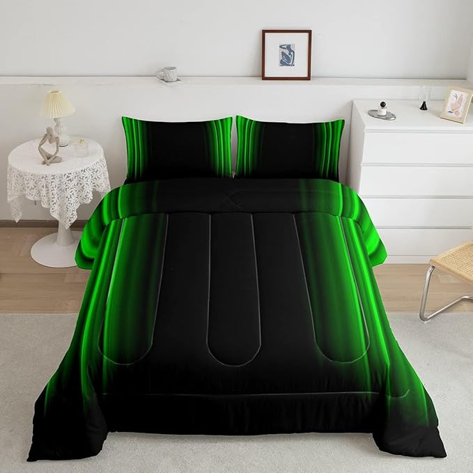 Feelyou Geometric Abstract Ombre Bedding Bed Set Men Adults Teens Green and Black Striped Comforter Set Kids Boys Girls Simple Modern Comforter Inner Fill Bedroom Collection 2Pcs Twin Size - LeafyLoom