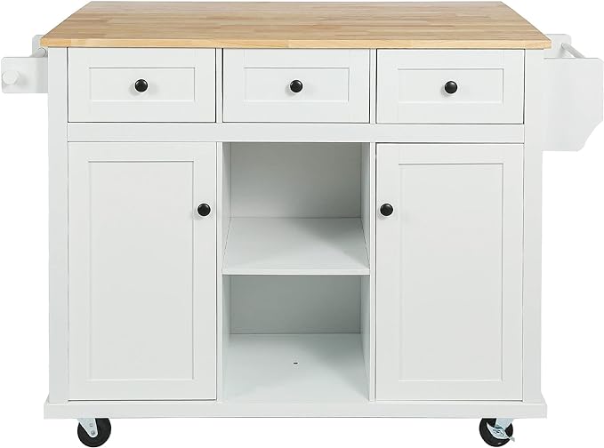 53" W Kitchen Island Table w/Cabinet and 3 Drawers, Spice Holder, Rolling Kitchen-Cart on 5 Wheelswith Rubber Wood Drop-Leaf Countertop & Internal Storage, for Dining Room, Cafe - LeafyLoom
