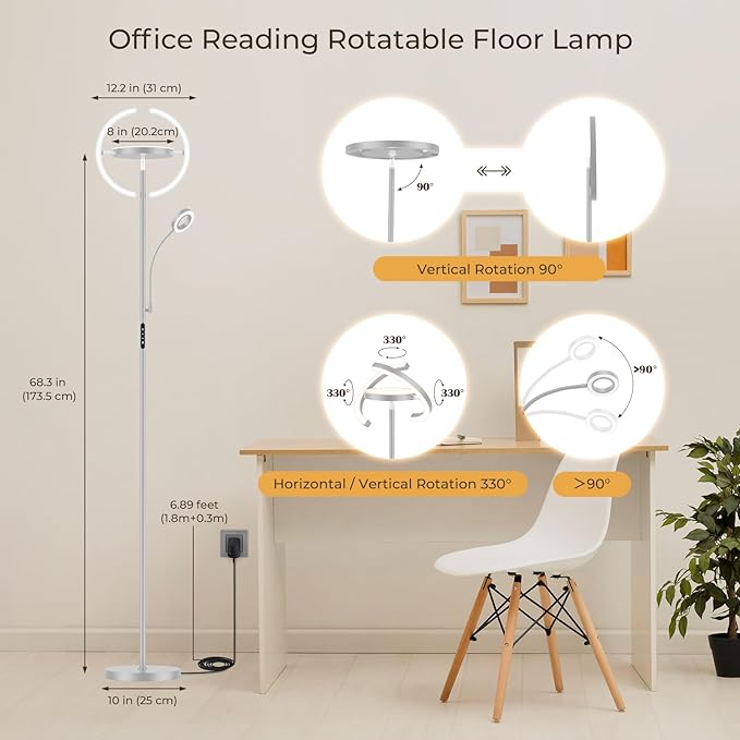 FIMEI 3 in 1 Floor Lamp, Modern Bright Standing Lamp with Split Rotatable Outer Ring Light and Small Reading Light, 4 Color and Dimmable, 3-Way Independent Control for Living Room Office, Gray - LeafyLoom
