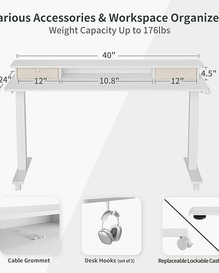 FEZIBO 40 x 24 Inch Height Adjustable Electric Standing Desk with Double Drawer, Stand Up Desk with Storage Shelf, Sit Stand Desk, White - LeafyLoom