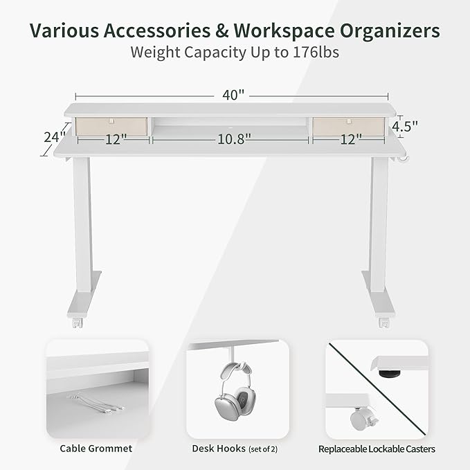 FEZIBO 40 x 24 Inch Height Adjustable Electric Standing Desk with Double Drawer, Stand Up Desk with Storage Shelf, Sit Stand Desk, White - LeafyLoom