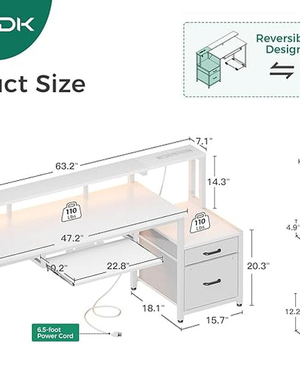 AODK 63 Inch Computer Desk with Power Outlet and LED Light, Reversible Office Desk with File Cabinet and Drawer, Gaming Desk with Keyboard Tray, Study Table with Full Monitor Riser and PC Stand, White - LeafyLoom