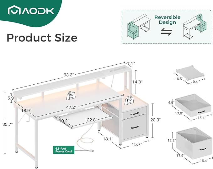 AODK 63 Inch Computer Desk with Power Outlet and LED Light, Reversible Office Desk with File Cabinet and Drawer, Gaming Desk with Keyboard Tray, Study Table with Full Monitor Riser and PC Stand, White - LeafyLoom