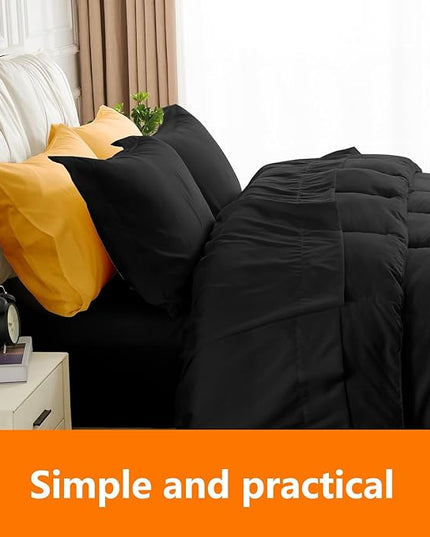 Queen Size Comforter Set - 3 Pieces, 1 Reversible Comforter and 2 Pillowcases,Soft Quilted Warm Fluffy Cooling Bedding for All Season,Black - LeafyLoom