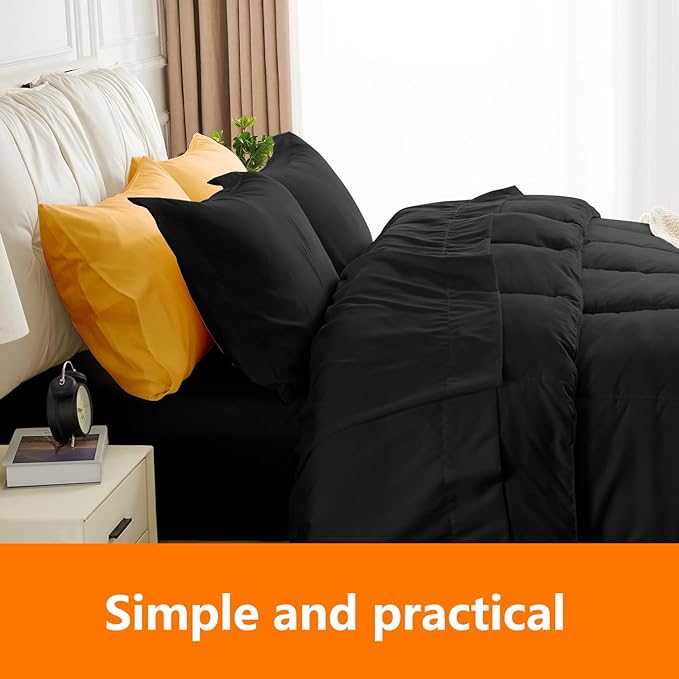 Queen Size Comforter Set - 3 Pieces, 1 Reversible Comforter and 2 Pillowcases,Soft Quilted Warm Fluffy Cooling Bedding for All Season,Black - LeafyLoom