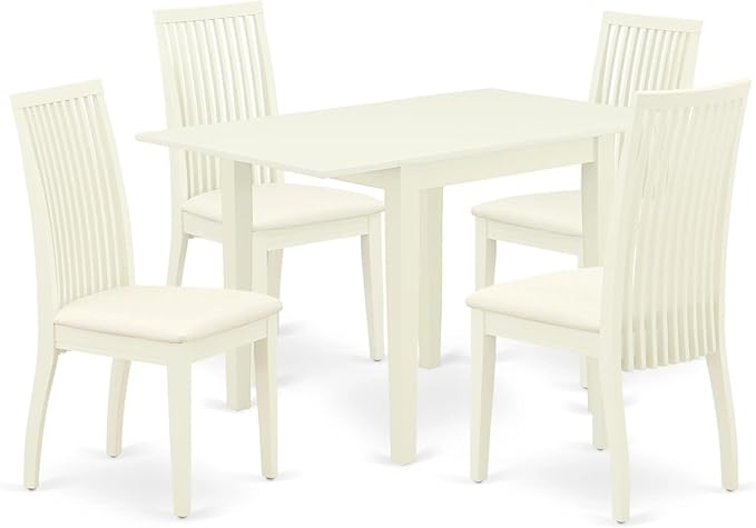 East West Furniture NDIP5-LWH-C Norden 5 Piece Kitchen Set for 4 Includes a Rectangle Dining Room Table with Dropleaf and 4 Fabric Upholstered Chairs, 30x48 Inch, Linen White - LeafyLoom