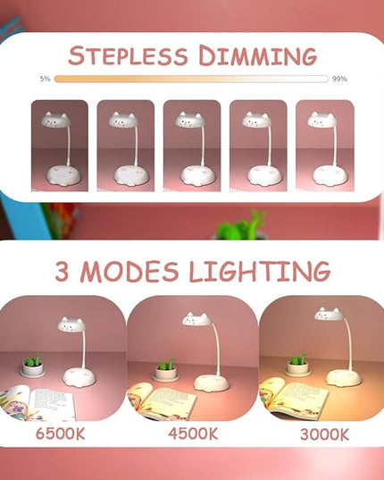 Cute Small Desk Lamp for Kids, Eye-caring Desk Light LED Reading Lamp, 3 Color Dimmable & 45min Timer, Battery Powered Cordless Lamp Rechargeable, Flexible Gooseneck Battery Operated Table Lamp, Cat - LeafyLoom