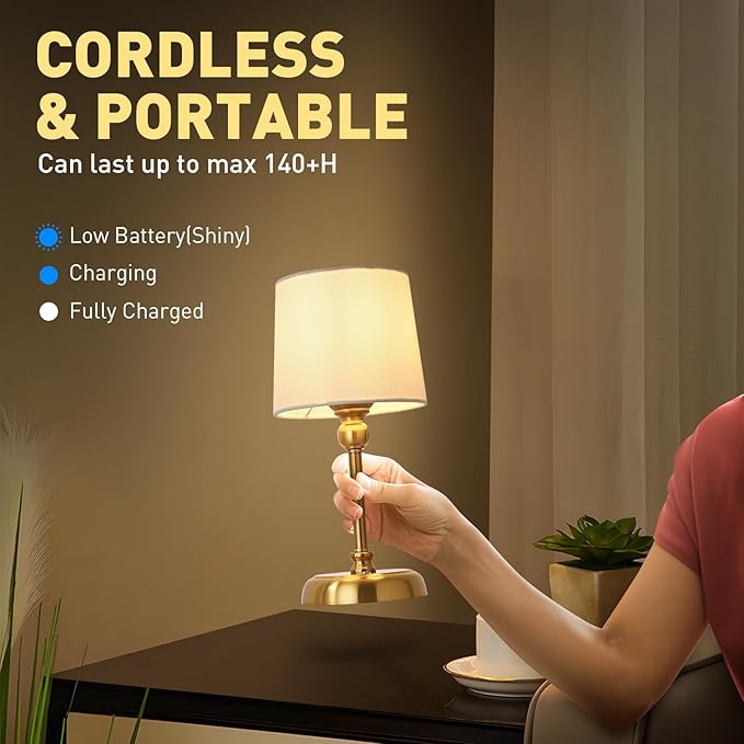 Cordless LED Table Lamp, 6000mAh Rechargeable Bedside Night Lamp for Bedroom, Portable Touch Stepless Dimmable Battery Operated Lamp, Ambient Light for Patio Restaurant(‎Antique Brass S) - LeafyLoom