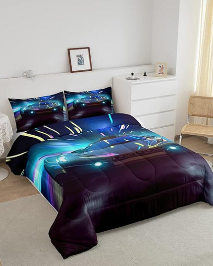 Boys Race Car Down Duvet, Cool Sports Car Comforter Set For Men Women, Extreme Sports Racer Bedding Set Full, Yellow Automobile Car Quilt Set, 1 Comforter Set With 2 Pillowcases, Lightweight, Blue - LeafyLoom