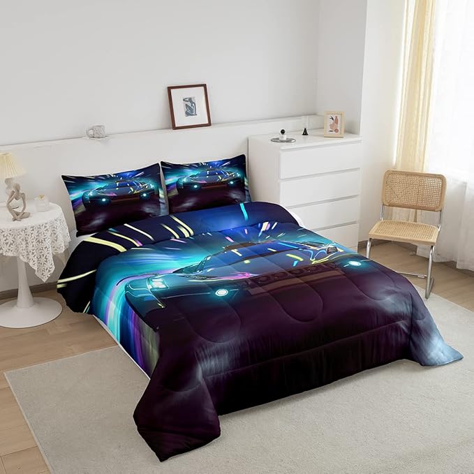 Boys Race Car Down Duvet, Cool Sports Car Comforter Set For Men Women, Extreme Sports Racer Bedding Set Full, Yellow Automobile Car Quilt Set, 1 Comforter Set With 2 Pillowcases, Lightweight, Blue - LeafyLoom