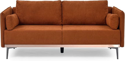 Modern Linen Upholstered 3-Seat Sofa Couch with Stainless Steel Trim and Metal Legs for Living Room, 2 Pillows Included, 72.83", Orange-119 - LeafyLoom