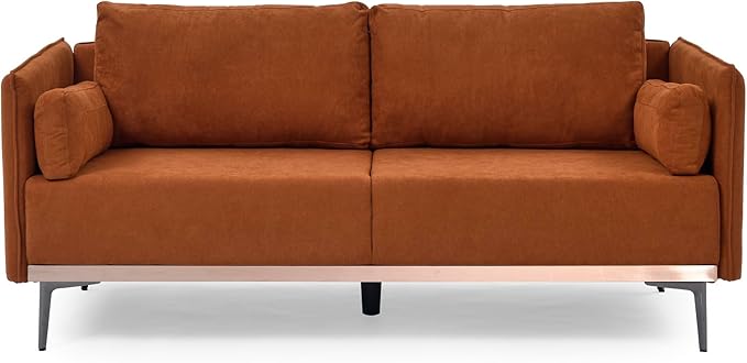 Modern Linen Upholstered 3-Seat Sofa Couch with Stainless Steel Trim and Metal Legs for Living Room, 2 Pillows Included, 72.83", Orange-119 - LeafyLoom