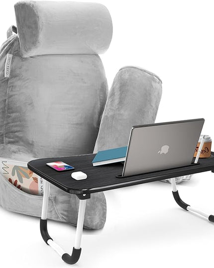 Clara Clark Reading Pillow with Portable Lap Desk for laptop Set, Back Pillow for Sitting Up in Bed, Memory Foam Back Support Pillow, Bed Rest Pillow with Foldable Laptop Desk, Large - Light Grey - LeafyLoom