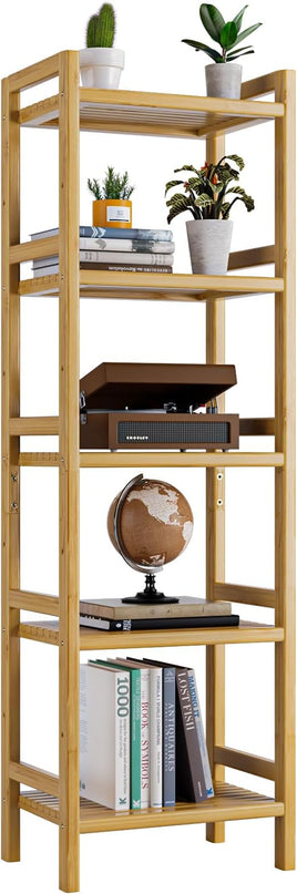 Tall Narrow Bookshelf, 5 Tier Bathroom Shelf Bamboo, Floor Standing Display Storage Organizer for Small Space, Adjustable Shelves, Natural Wood Bookcase - LeafyLoom