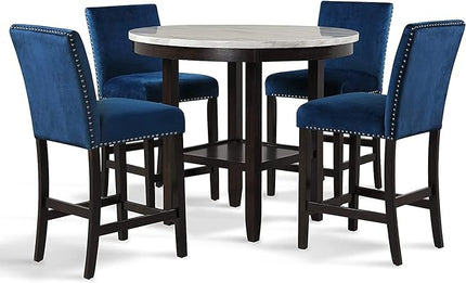 New Classic Furniture Celeste 5-Piece Faux Marble Round Counter Set with 1 Table and 4 Chairs, 42-Inch, Blue - LeafyLoom