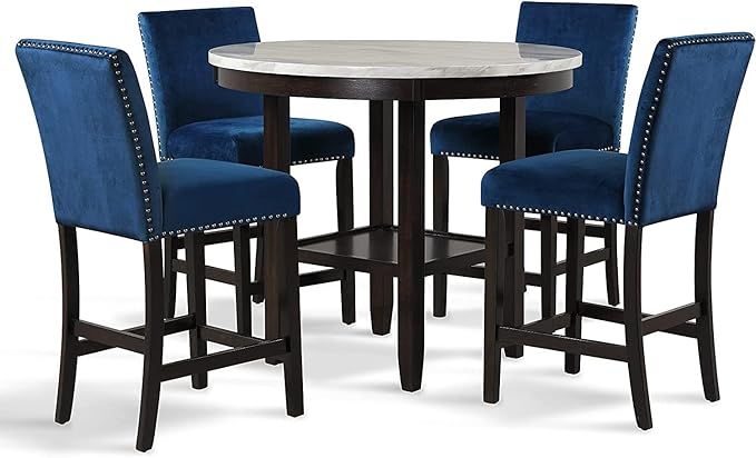 New Classic Furniture Celeste 5-Piece Faux Marble Round Counter Set with 1 Table and 4 Chairs, 42-Inch, Blue - LeafyLoom