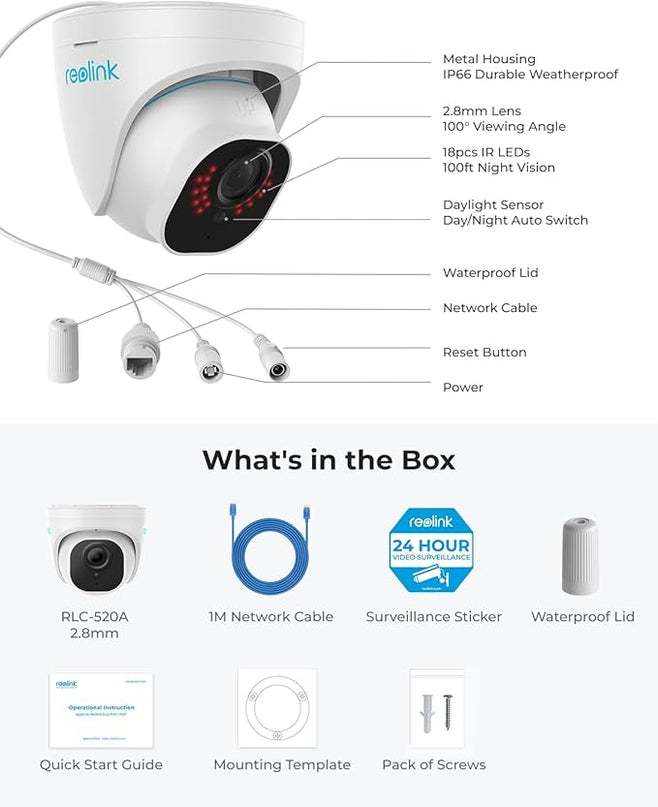 REOLINK 5MP PoE Security Camera, 2.8mm Len, 130° Diagonal, 100ft IR Night Vision, Up to 256GB SD Card, Built-in Mic, Human/Vehicle/Pet Detection for Outdoor Indoor Home Surveillance, RLC-520A-2.8mm REOLINK