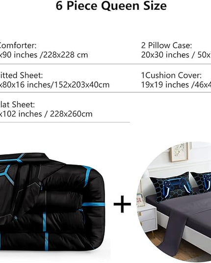 6 Pieces Gaming Bedding Set for Boys Gamer Comforter Set Queen Size,Game Controller Comforter for Boys Kids Teen 3D Gamepad Microfiber Bedding Sets 6 Pieces Bed in A Bag Sets H50022,Queen - LeafyLoom