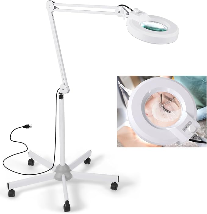 Magnifying floor lamp with 5 Wheels Rolling Base for estheticians - 1,500 Lumens LED Dimmable light with Magnifying Glass, 8-diopter Lighted magnifier for Reading, Crafts, Sewing, Close Work(5X) - LeafyLoom