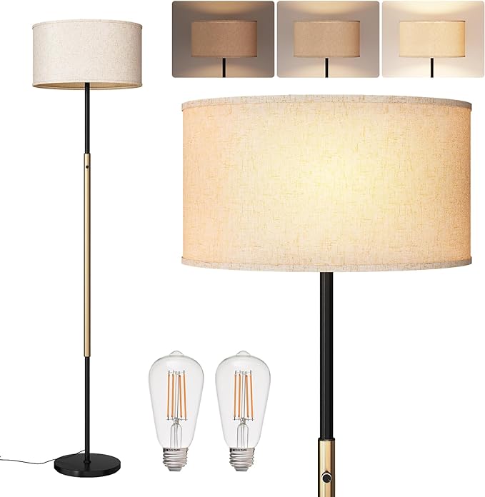 addlon floor lamps for living room, dimmable floor lamp with 2 LED bulbs, super large lampshade modern standing lamp, bright tall floor lamp for bedroom and office (Adjustable brightness) - Black - LeafyLoom