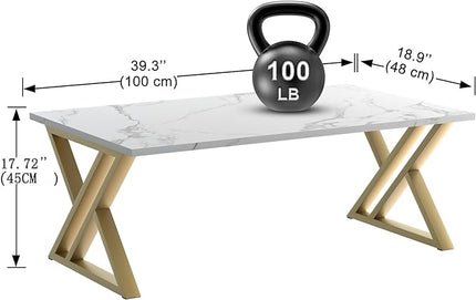 Coffee Table Living Room Table White Center Table, Simple Modern Faux Marble Rectangular Tea Table with Sturdy Gold-Finished Metal Frame,Industrial Wooden Coffee Table for Bedroom Home Office - LeafyLoom