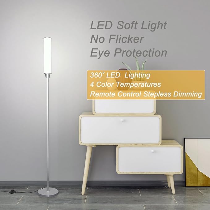 Floor Lamp with Remote Control,Bright Floor Lamps for Living Room/Bedroom/Office, Stepless Adjustable 3000K-6000K Colors and 10-100% Brightness,Standing Light with Foot Switch (nickel) - LeafyLoom