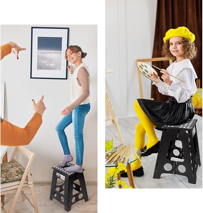 Delxo 16” Folding Step Stool in Black,1 Pack Premium Heavy Duty Foldable Stool for Adults,Portable Collapsible Plastic Step Stool,Non Slip Folding Stools for Kitchen Bathroom Bedroom Up to 400LBS - LeafyLoom