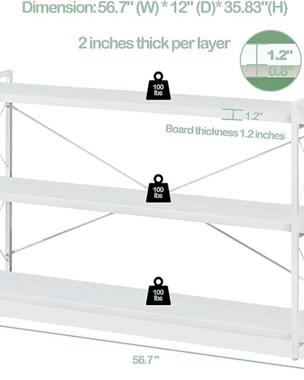 HCHQHS Bookshelf, 3-Tier Long Industrial Bookcase, White Open Book Shelf, Freestanding Horizontal Bookshelves with Metal Frame - LeafyLoom