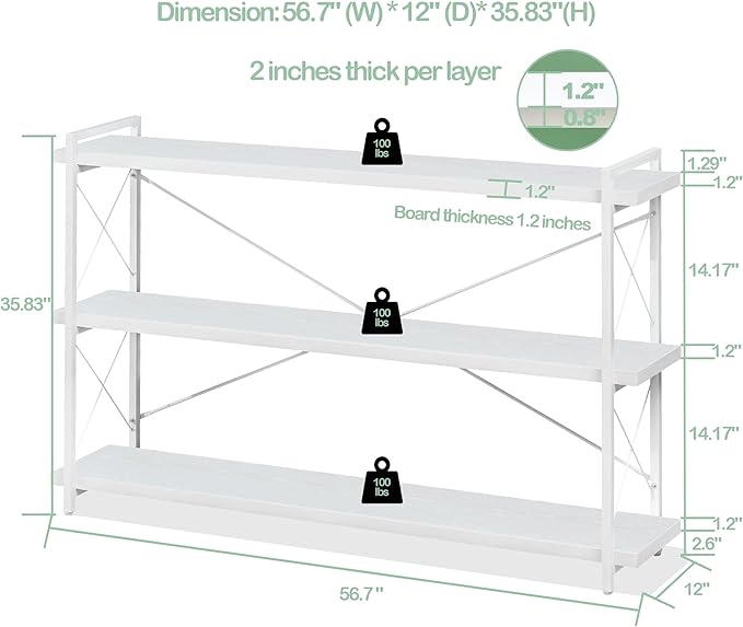 HCHQHS Bookshelf, 3-Tier Long Industrial Bookcase, White Open Book Shelf, Freestanding Horizontal Bookshelves with Metal Frame - LeafyLoom