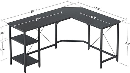 CubiCubi L Shaped Desk, 59.1 Inch Reversible Corner Desk with Storage Shelves, Home Office Desk for Writing Gaming Study, Black - LeafyLoom