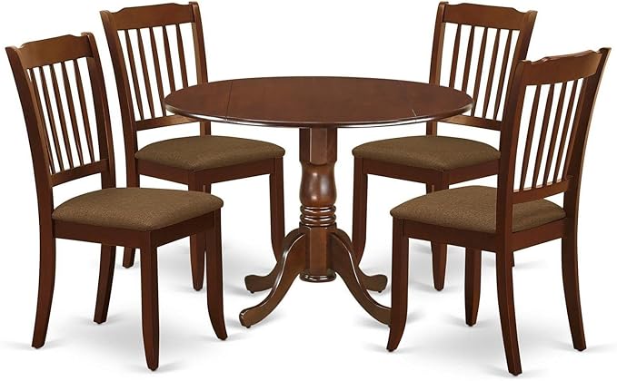 East West Furniture DLDA5-MAH-C Dublin 5 Piece Kitchen Set for 4 Includes a Round Room Table with Dropleaf and 4 Linen Fabric Upholstered Dining Chairs, 42x42 Inch, Mahogany - LeafyLoom