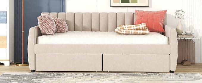 Twin Size Velvet Upholstered Daybed with Two Storage Drawers, Solid Wooden Bed Frame w/Vertical Stripes Designed Backrest and Pine Legs, Space-Saving Design, for Kids, Bedroom, Dorm, Beige-7 - LeafyLoom