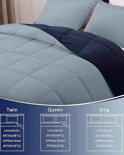 Basic Beyond King Size Comforter Set - Fluffy King Bed Comforter Set for All Seasons - Reversible Blue Comforter Set King - 3 Pieces (1 Comforter + 2 Pillow Shams) - Blue/Sapphire - LeafyLoom