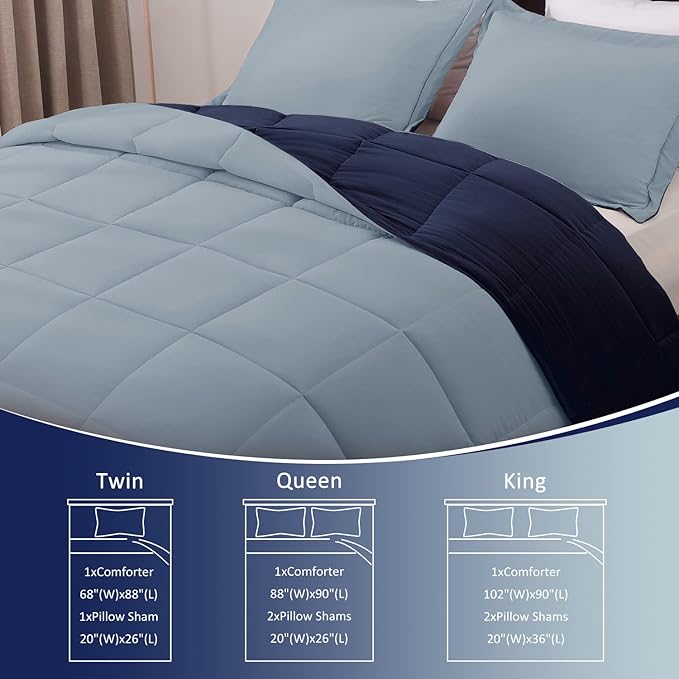 Basic Beyond King Size Comforter Set - Fluffy King Bed Comforter Set for All Seasons - Reversible Blue Comforter Set King - 3 Pieces (1 Comforter + 2 Pillow Shams) - Blue/Sapphire - LeafyLoom