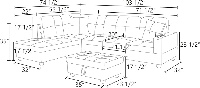 ROOMTEC Button L Shape 3 Piece Sectional Sofa Set, Upholstered Corner Couch with Storage Ottoman, Faux Leather Tufted Cushions, for Living Room, Apartment, Red, 103inch, Pink w/Left Chaise Lounge - LeafyLoom
