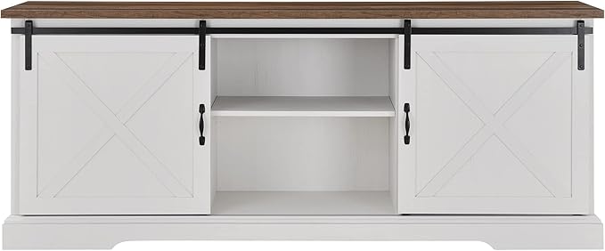 Walker Edison Corbin Modern Farmhouse Sliding X Barn Door TV Stand for TVs up to 80 Inches, 70 Inch, Reclaimed Barnwood and Brushed White - LeafyLoom