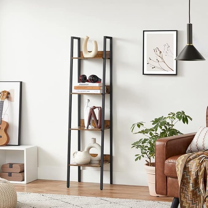 VASAGLE Bookshelf, 4-Tier Narrow Bookcase, Ladder Shelf for Home Office, Living Room, Bedroom, Kitchen, Rustic Brown and Ink Black ULLS108B01 - LeafyLoom