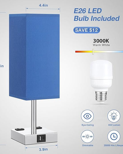 aooshine SW1 Blue Touch Lamp Set of 2 with USB Port Nightstand Lamp with USB-C+A Charge Ports& AC Outlets, 3-Way Dimmable Bedside Lamp, Small Table Lamp for Bedroom Living Room (Bulb Included) - LeafyLoom