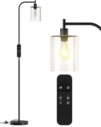 PAZZO LED Floor Lamp, Industrial Standing Lamp with Glass Lampshade, Ideal for Living Room, Bedroom, and Office, Matte Black Finish (includes Remote Control) - LeafyLoom