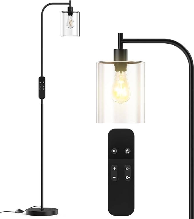 PAZZO LED Floor Lamp, Industrial Standing Lamp with Glass Lampshade, Ideal for Living Room, Bedroom, and Office, Matte Black Finish (includes Remote Control) - LeafyLoom