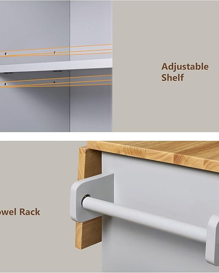 Kitchen Island with Storage on Wheels, Kitchen Island Cart w/Storage&Divider, Internal Canibet Rack, Adjustable Shelf Tower Rack for Dinning Room Coffee Bar, Rubber Wood Contertop - LeafyLoom