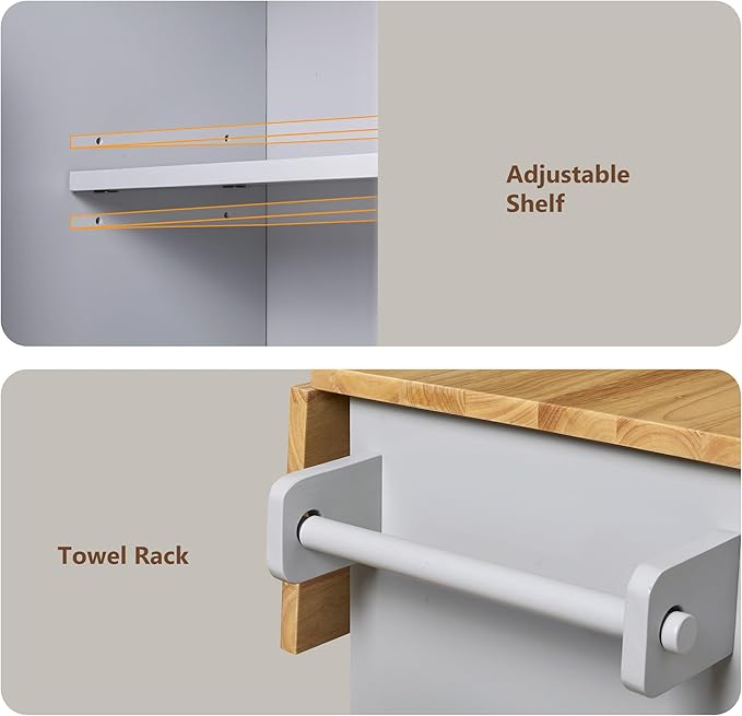 Kitchen Island with Storage on Wheels, Kitchen Island Cart w/Storage&Divider, Internal Canibet Rack, Adjustable Shelf Tower Rack for Dinning Room Coffee Bar, Rubber Wood Contertop - LeafyLoom