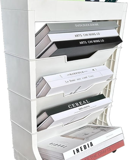 5 Tier Rolling Book Utility Cart, Removable Movable Bookshelf Organizer with Wheels, Storage Book Shelves, Book Rack, Mobile White Bookcase for Study in Classroom Home School Office - LeafyLoom