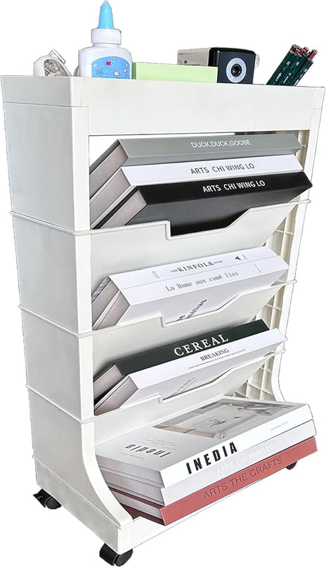 5 Tier Rolling Book Utility Cart, Removable Movable Bookshelf Organizer with Wheels, Storage Book Shelves, Book Rack, Mobile White Bookcase for Study in Classroom Home School Office - LeafyLoom